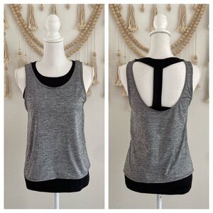 C9 womens athletic tank top workout shirt strappy overlay back grey black xs